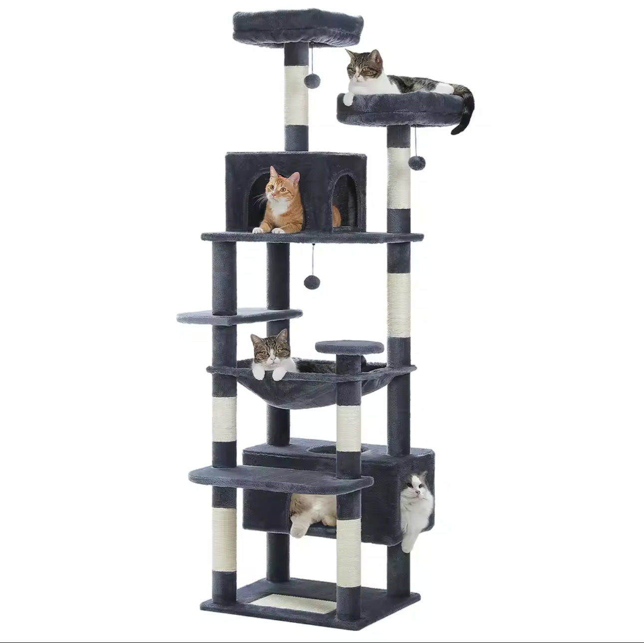 Pawdessey SkyTower – 136cm Cat Tree with Hammock & Condos (Dark Grey)