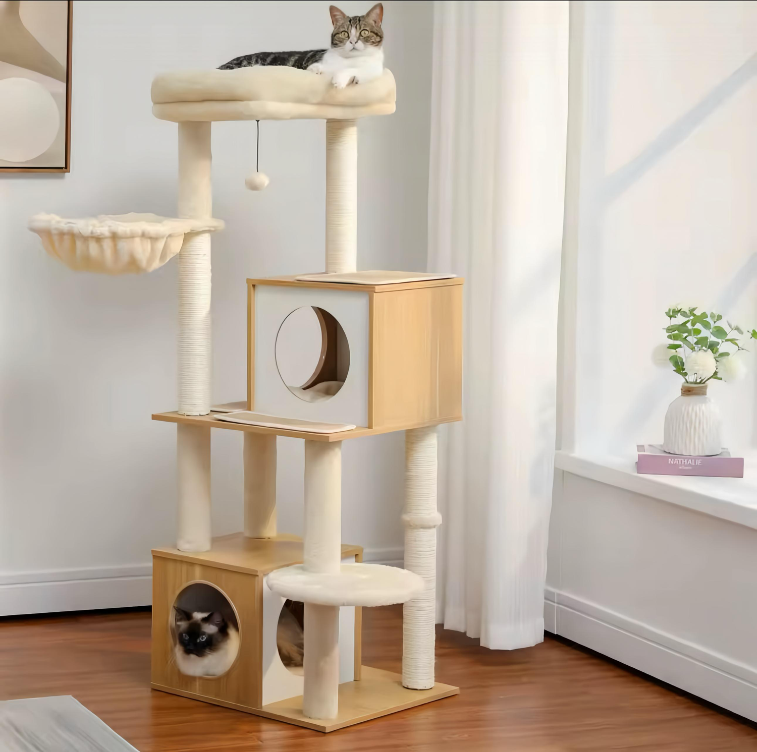 Pawdessey Twin Retreat – Spacious Cat Tower with Play Ball