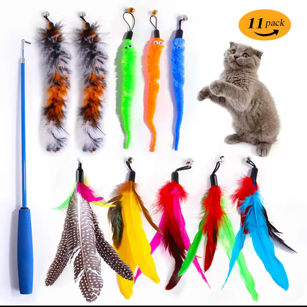 11-in-1 Interactive Cat Feather Wand Set – Retractable Training Toy with Colorful Feather Refills | Durable & Telescopic Rod
