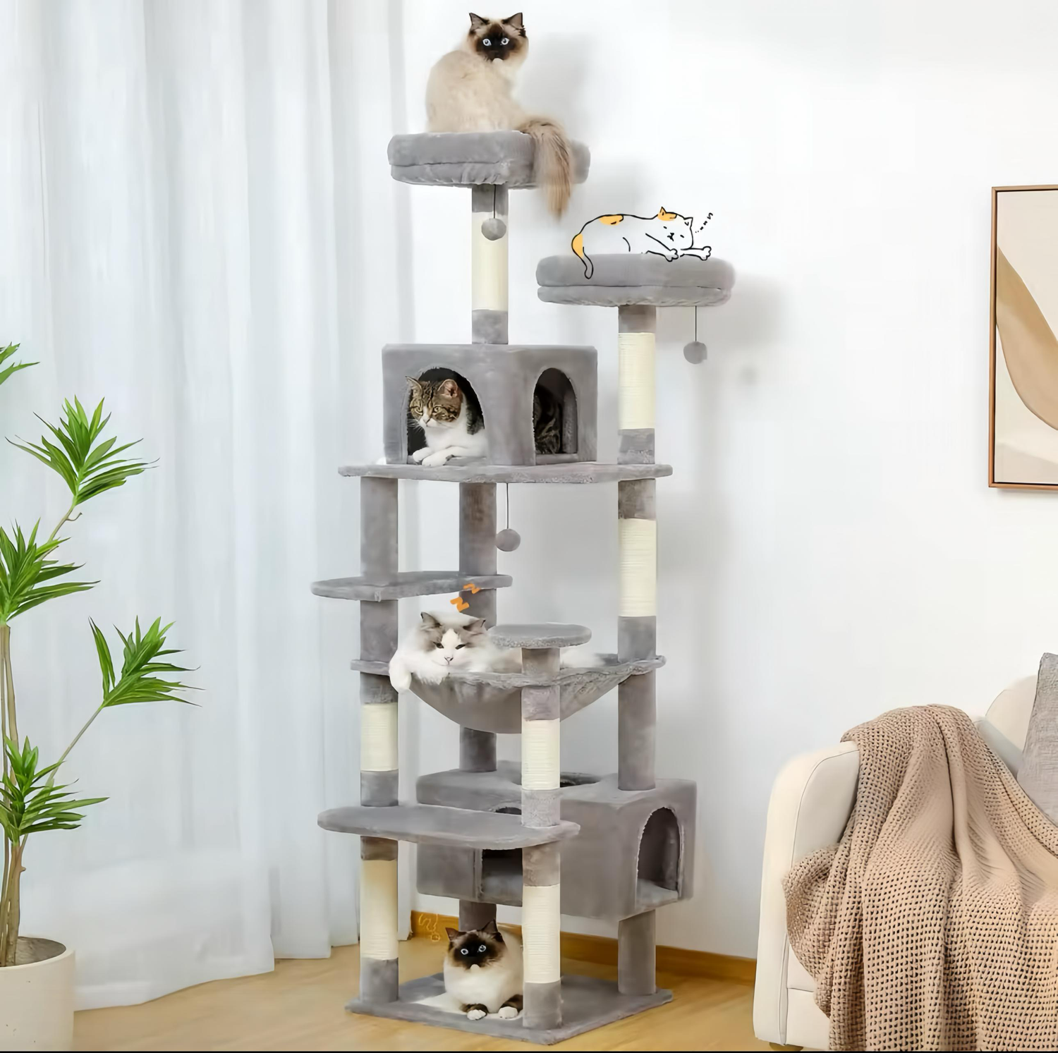 Large Cat Tree Tower for Indoor Cats With Sisal-Covered Scratching Posts Spacious Hammock Padded Perches and Cozy Condo